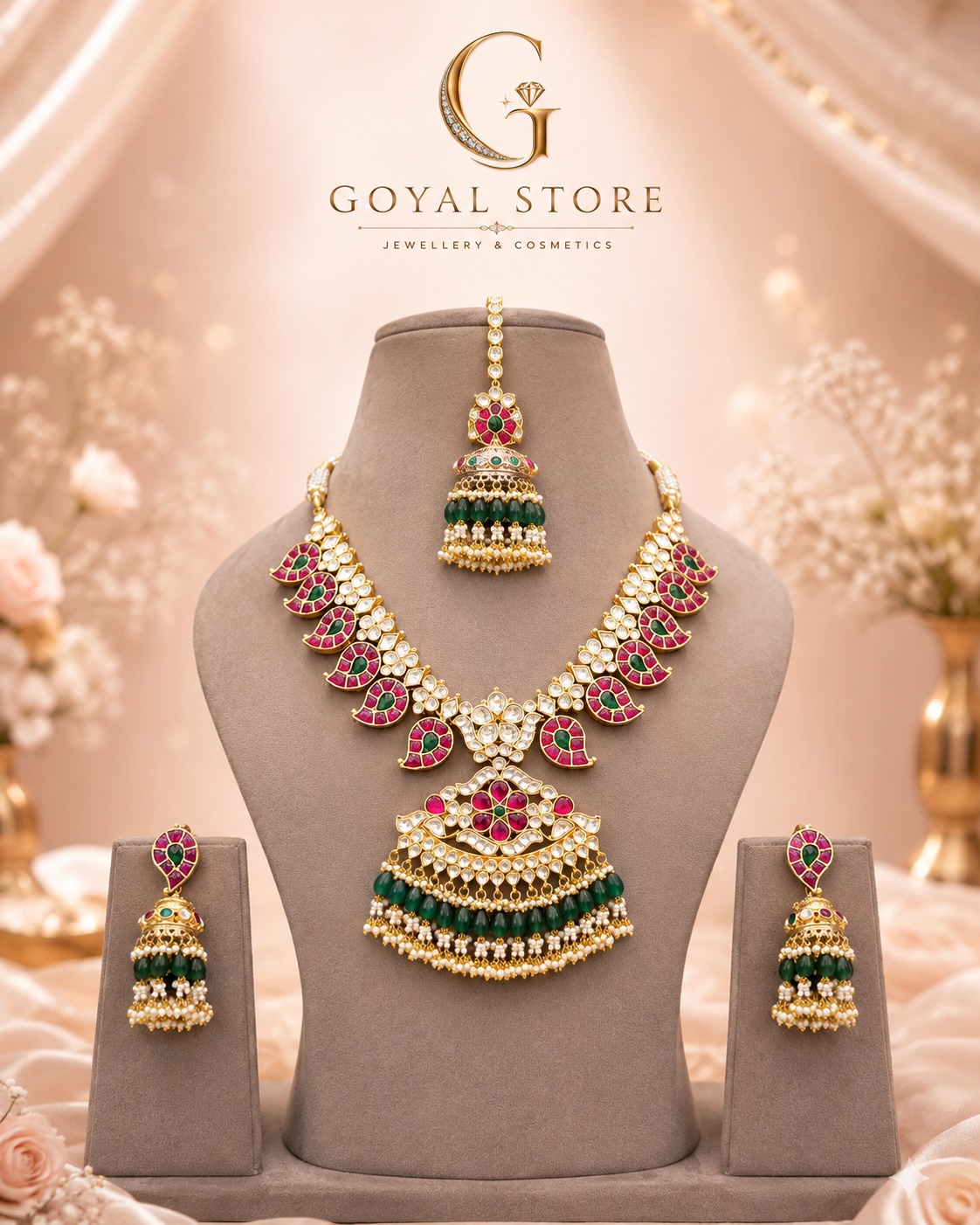 Pachi Kundan set Ruby or emerald stone 22 carat gold plated emerald stone dropping 